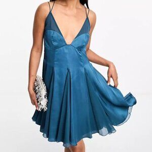 NWT, SZ 12, Satin Mini Dress w/ Chiffon Trims, Teal Blue